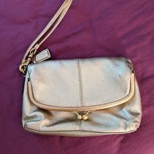Coach Gold leather Wristlet with fuschia pocket and snap purse part
